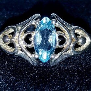 S.S. Blue Topaz Marquise Filigree Ornate Ring Sz 7